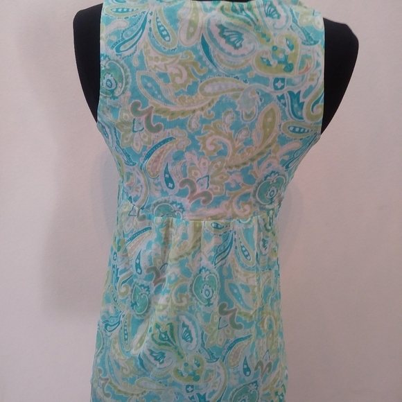 New York & Co Split V Sleeveless Blouse, Turquoise Multi, Size Small - Picture 3 of 5